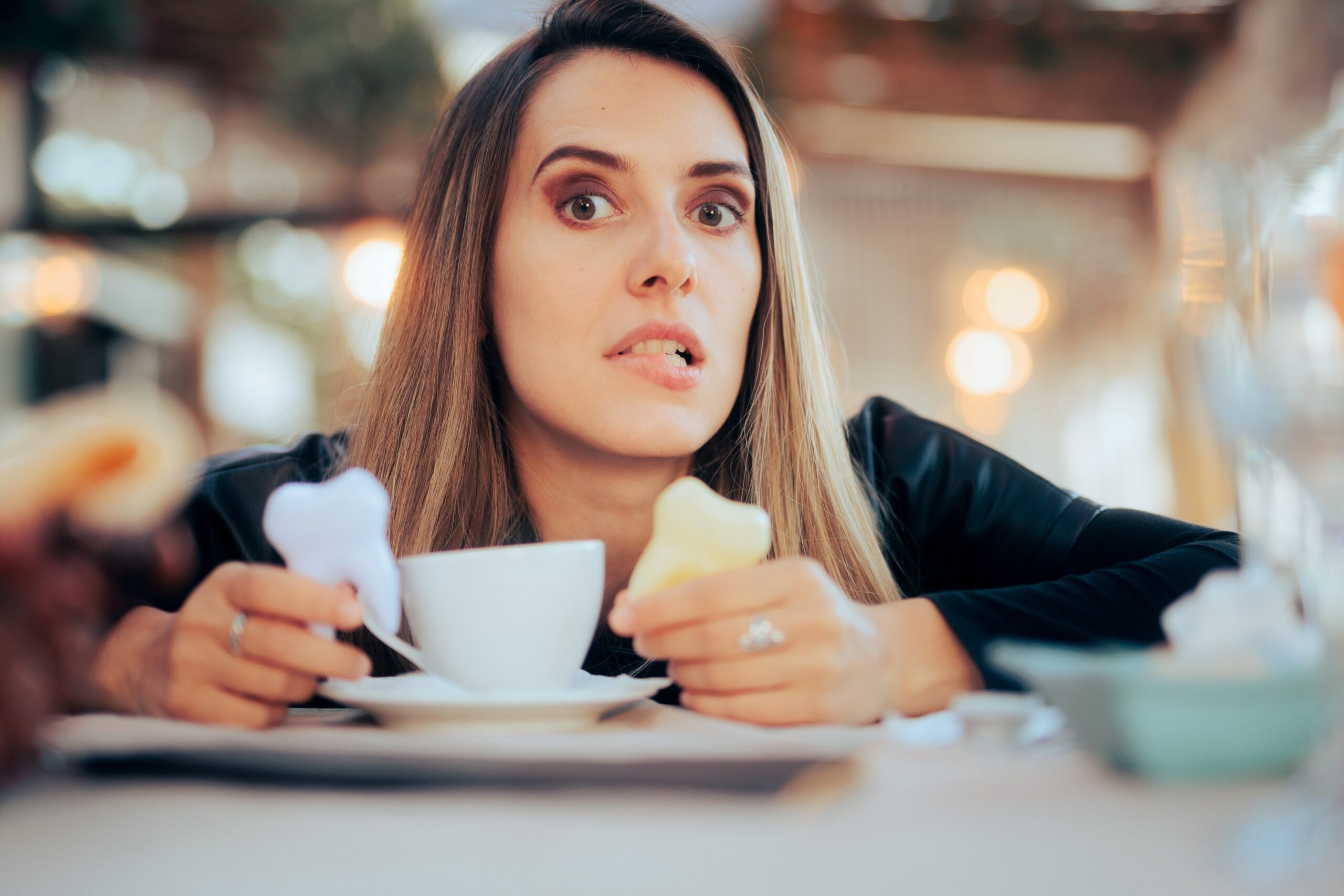 worried woman in a cafe, yellowing teeth